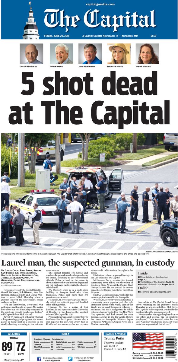Газета Capital Gazette выпустила пятничный номер, несмотря на произошедшую в редакции стрельбу