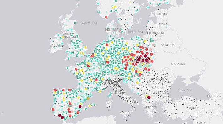 Появилась карта загрязненных регионов Европы
